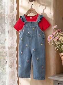 SHEIN Vintaside Kids 两件套女婴套装，休闲可爱百搭，纯色短袖上衣搭配花卉刺绣牛仔背带裤，适合春夏日常穿着。 - 紅色 - 查看 5