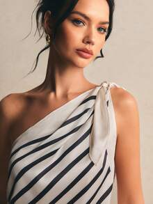 Poéselle Women's Fashionable Striped Tie Shoulder Blouse, Summer - Black and White - View 7