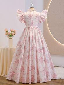 Tween Girls' Elegant Floral Print 2 In 1 Flutter Sleeve Bow Decor Long Dress, Suitable For Vacation, Party And Gathering - Pink - View 2