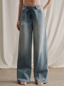 Anewsta Quần ống đứng đính đá thời trang nữ - Màu xanh lam - Xem 2