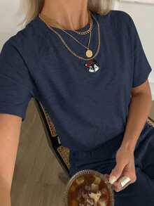 DAZY Cute Cartoon Print Loose Raglan Sleeve Loungewear Set Pajama - Navy Blue - View 4