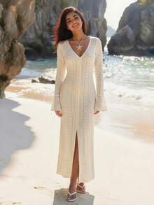 ROMWE Hippie Áo khoác cardigan dài nữ mùa hè, giả móc tay, họa tiết lưới. - Màu be - Xem 6