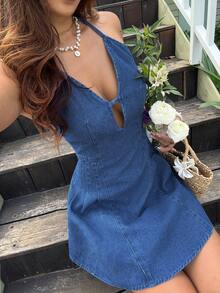 Sunnyshic 女士深V领褶皱性感时尚吊带牛仔连衣裙 - 藍色 - 查看 1