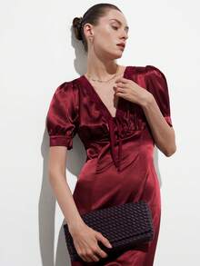 Aveloria Modichic Maxi Dress Satin Acetate Fabric Slim Fit Waist V-Neck Lace Patchwork Ruched Tie-Front Bubble Short Sleeve Elegant Dating Vintage Red Dresses For Women Elegant Dresses For Party Wedding Guest Dress For Women Elegant Party Dresses For Women - Burgundy - View 2