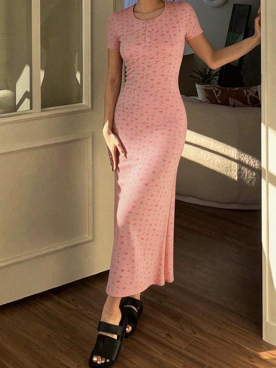 DAZY Ditsy Floral Cinched Waist Long Women's Nightgown Pajama - Pink - View 1