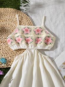 Vintaside Kids Young Girl Floral Pattern Ruffle Hollow Out Casual Vacation Slip Dress - White - View 3