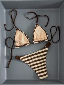 Swim Mod 女士春夏沙滩音乐节条纹针织提花面料露背高衩褶皱性感可爱比基尼套装 - 彩色 - 查看 2