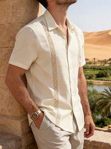 VENTUSAIL 男士夏季纯色蕾丝拼接单排扣休闲衬衫 - 卡其色 - 查看 8