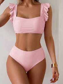 Swim Lushoire Conjunto de traje de baño para mujer, conjunto de unicolor con escote cuadrado tipo bandeau, con tirantes con volantes - Rosa - Ver 3