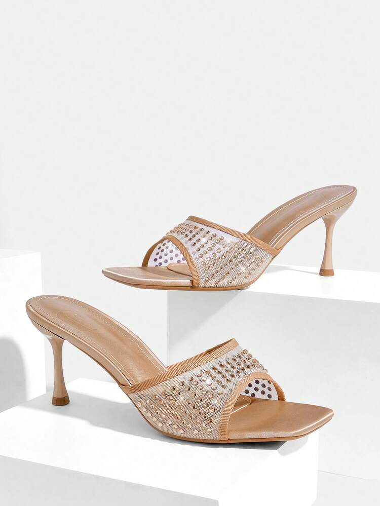 CUCCOO SZL Women Shoes Square Toe Stiletto Champagne Mesh Full Diamond Pedal Fashion Elegance French Women's High Heel Sandals Slippers With Skirts Daily Versatile Sexy Banquet Party Women's Sandals Prom Heels