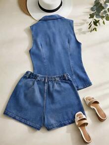 GlowEve Bộ đồ denim thường ngày dành cho nữ, gồm áo không tay cổ ve và quần short có túi. - Màu xanh lam - Xem 4