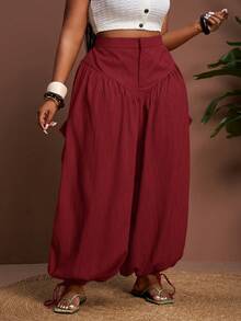 大码女式冬季纯色开衩褶皱超阔腿裤，裤脚抽绳设计，百搭实用，适合夏季/圣诞节/新年/感恩节/海滩/优雅场合/社交/通勤/日常/商务穿着 - 酒紅色 - 查看 5