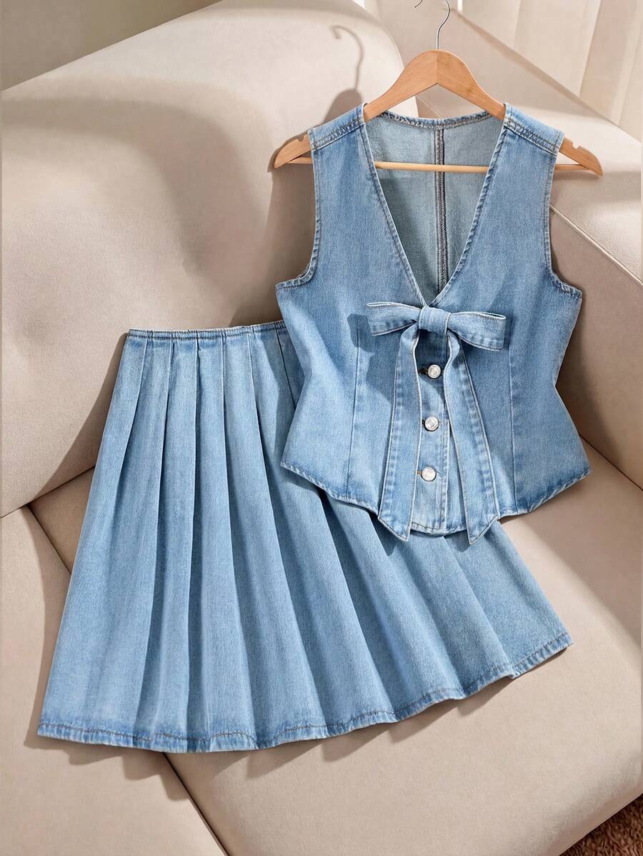 Women's Summer Casual Washed Front Button Denim Vest And Pleated Denim Mini Skirt Set - Blue - View 1