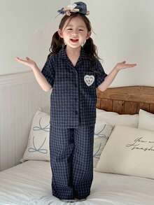 Dazy Kids Girls' Plaid Embroidered Long Sleeve Top And Pants Loungewear Set, Fall - Navy Blue - View 4
