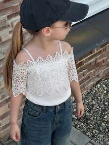 Dazy Kids Young Girl Contrast Lace Off-Shoulder Short Sleeve Fashionable T-Shirt Summer - White - View 2