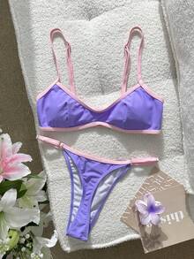 Swim SXY 女士泳装比基尼性感纯色拼接比基尼，内置胸罩露脐背心吊带泳衣，适合度假、海滩、Y2K风格、健身等场合，适合情人节、新年派对、度假、都市海滩波西米亚风等各种场合，2026春夏沙滩装 - 紫色 - 查看 4