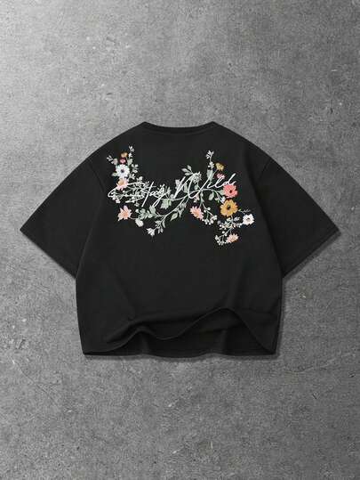 ROMWE MEN Men's Floral Embroidery Loose Fit Crew Neck Short Sleeve T-Shirt, Casual Summer