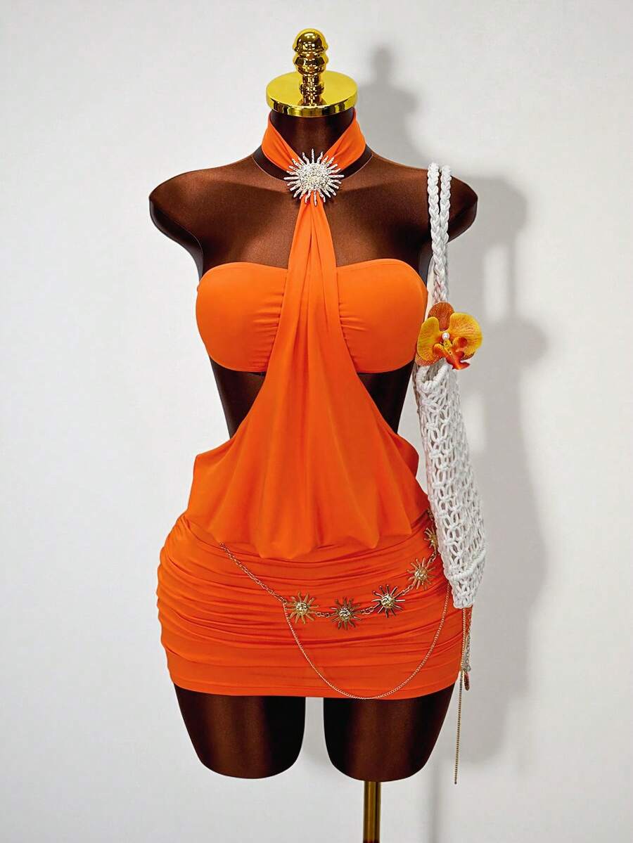 Zestiva Summer New Energetic Orange Solid Color Halter Neck Dress, Metal Decor Hollow Out Back Pleated Bodycon Mini Skirt, Suitable For Dragon Boat Festival, Vacation, Birthday Party, Sexy Vibe - Orange - View 1