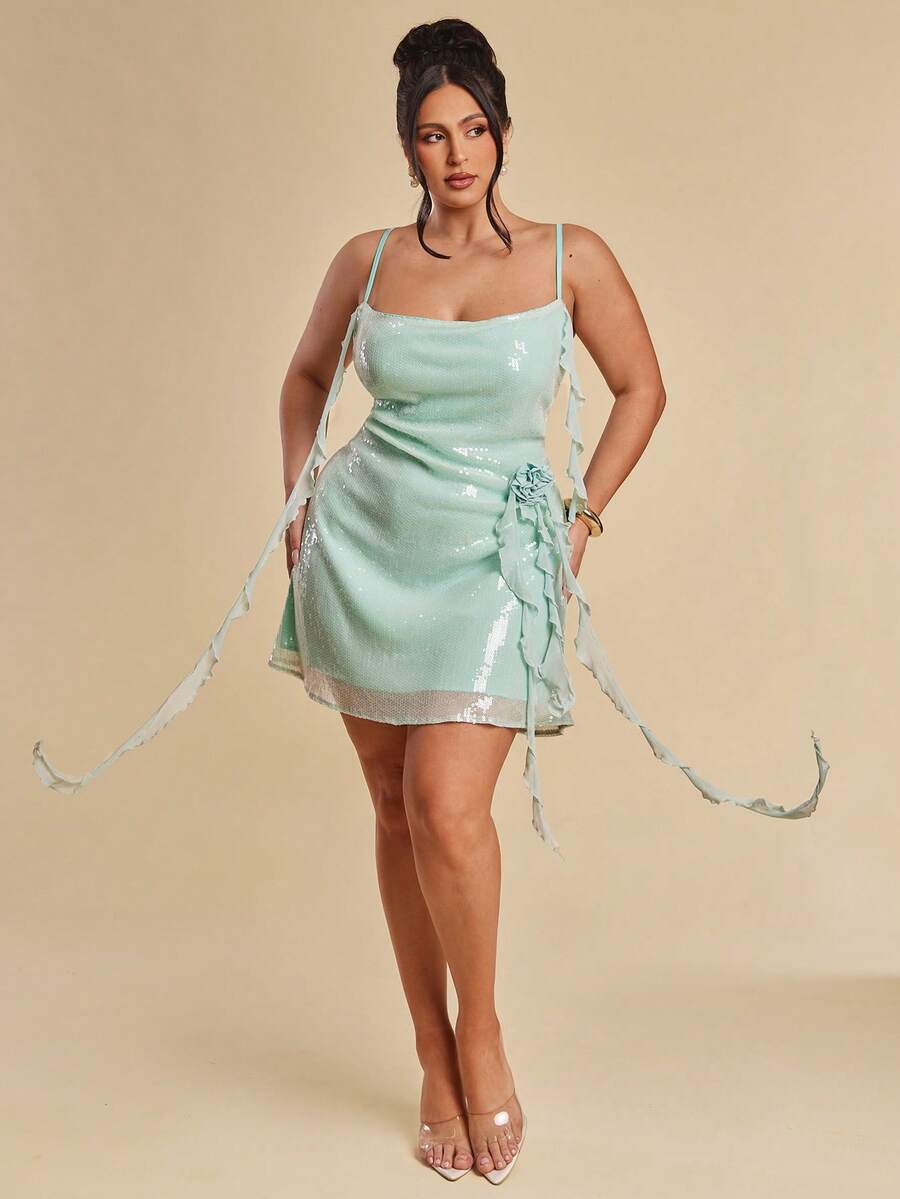 SHEIN BAE 大码女式夏季时尚派对度假3D立体花卉亮片吊带裙