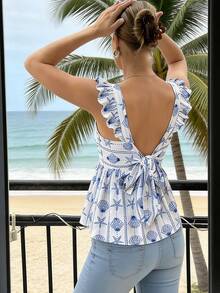 Pariaura Women's Cute White And Blue Starfish & Seashell Print Blouse,Summer Vacation Holiday Ruffle Trim Tie Back Peplum Top,Elegant Beach French Style Shirt - Blue - View 2
