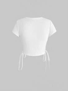 ROMWE Y2K Áo thun nữ kiểu dáng thường ngày, chất liệu satin, điểm xuyết ruy băng. - trắng - Xem 2