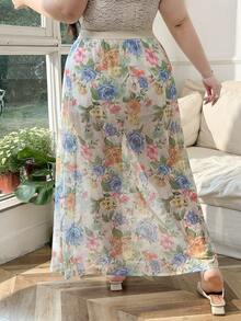 CovetEZ Plus Size Floral Mesh Sheer Anti-Exposure Skirt, Spring/Summer - Multicolor - View 2