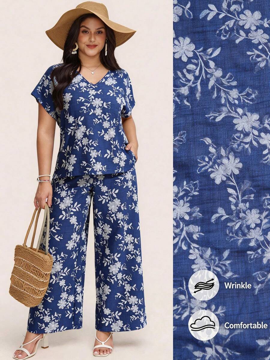SHEIN LUNE 大尺碼花卉印花V領短袖上衣與斜口袋長褲休閒兩件套 女款夏季兩件套 2件套 - 藍色 - 查看 1