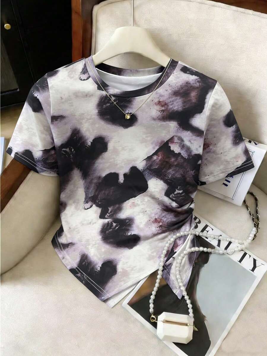 SHEIN Clasi Plus Size Women's White Sequin Round Neck Casual Versatile Daily Wear Short Sleeve T-Shirt Formal Holiday Summer - Multicolor - View 1