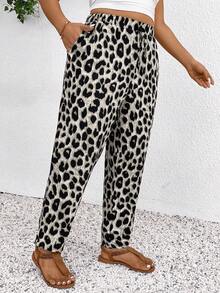 SHEIN Frenchy Plus Size Leopard Print Casual Pants, Summer Trousers, Vacation Trousers,Women N Beachwear, Boho/Bohemian Women's Clothing, Daily Fashion Fall - Grey - View 4