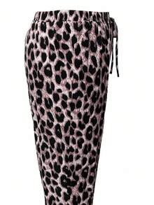 SHEIN Frenchy Calças casuais plus size com estampa de leopardo, calças de verão, calças para férias, moda praia feminina, estilo boho/boêmio, roupas femininas de verão, casual, moda para o dia a dia - Baby Rosa - Ver 3