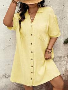 Breezaya Plus Size Button Up Pocket Solid Color Dress - Mustard Yellow - View 5
