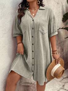 Breezaya Plus Size Women Solid Color Drop Shoulder Single-Breasted Casual Shirt Dress - Khaki - View 4