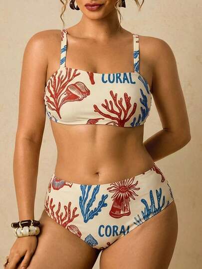 Travachic Conjunto de Maiô Bikini Sexy com Estampa de Coral para Praia, Plus Size para Mulheres