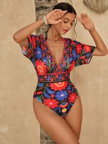 Swim Chiccia 女士南美波西米亚风印花网纱收腹连体泳衣 - 黑色 - 查看 4
