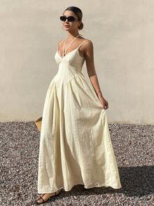 Livesso Beach Party Holiday Outfit Easter Vacation Summer V-Neck Waist Cinched Mid-Length Dress For Women Sundress - Beige - View 5