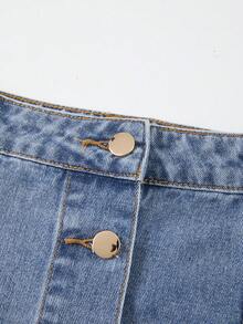 GlowEve Chân váy denim xếp ly một hàng cúc dành cho nữ, thích hợp mặc hàng ngày/đi làm. - Màu xanh lam - Xem 3