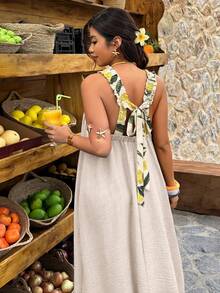 SHEIN LUNE Plus Size Women's Spring/Summer Lemon Print Contrast Color Backless Casual Dress - Apricot - View 1
