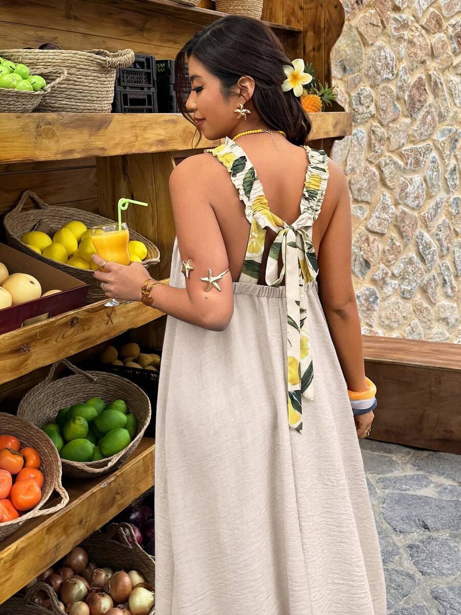 SHEIN LUNE Plus Size Women's Spring/Summer Lemon Print Contrast Color Backless Casual Dress - Apricot - View 1