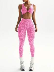 Dewbera Bộ đồ thể thao nữ họa tiết da báo gồm áo ngực và quần legging, thích hợp cho yoga, chạy bộ và tập thể dục. - Màu Hồng Tươi - Xem 4
