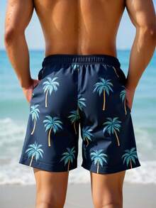 Manfinity Swimmode Plus Size Men's Casual Palm Tree Print Drawstring Beach Shorts - Navy Blue - View 2