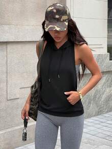 SHEIN Dewbera 女士时尚休闲户外健身跑步前中口袋无袖连帽抽绳露背性感瑜伽运动卫衣，夏季 - 黑色 - 查看 5