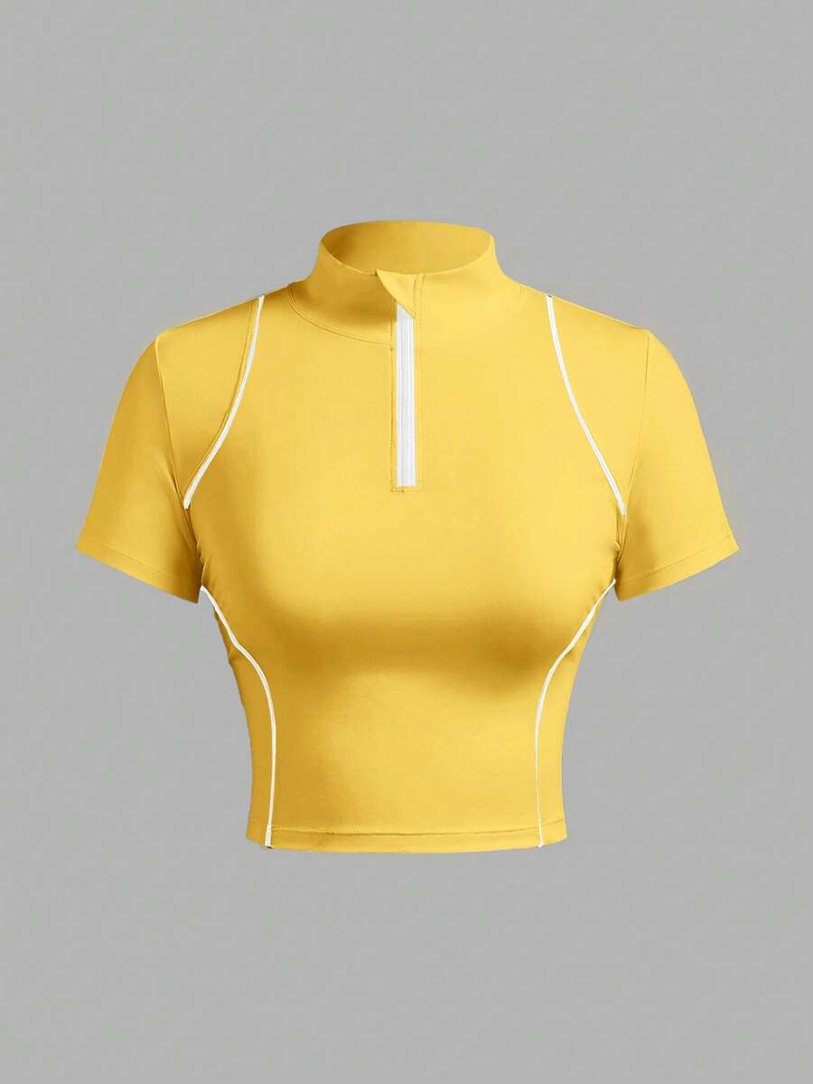 Exploreva Women's Stand Collar Color Block Fitted Casual Outdoor Short Sleeve T-Shirt - Yellow - View 1
