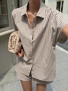 Livesso 女士休闲条纹衬衫短裤两件套 - 灰色 - 查看 5