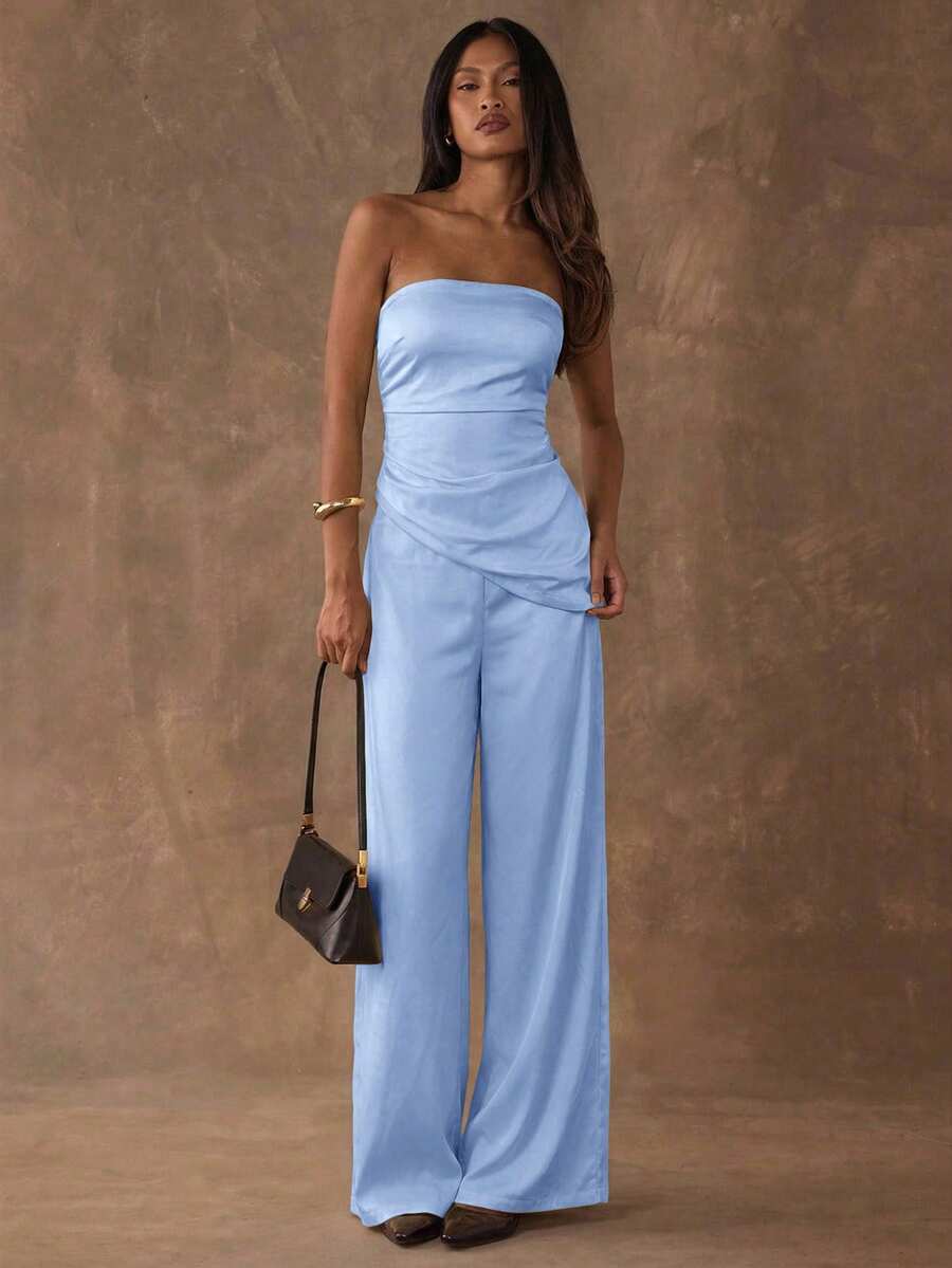 SHEIN BAE Women's Fashion Solid Color Tube Top & Asymmetrical Hem Pants 2 Pieces Set - Baby Blue - View 1