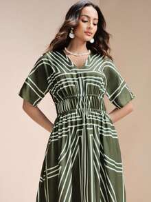 Chiquease Women Olive Green Satin Geometric Print V-Neck Maxi Dress,Summer Elegant Tea Party Bohemian Scarf Pattern Ruched Waist Batwing Sleeve Vacation Outfits - Green - View 6