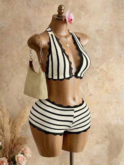 Bellisia 春夏新款无袖无领抹胸短款印花比基尼套装（两件套），拼接蕾丝，Yk2少女风，适合海滩度假