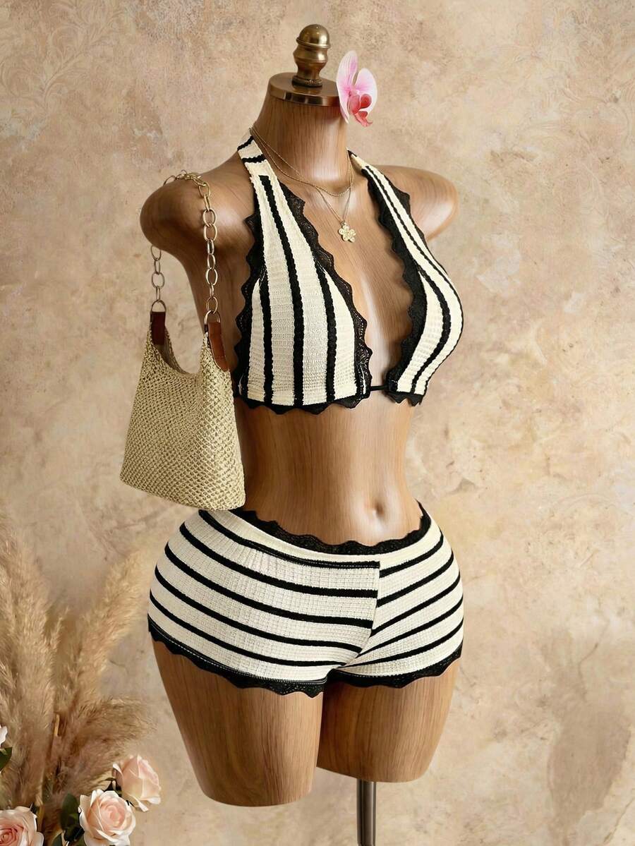 Bellisia 春夏新款无袖无领抹胸短款印花比基尼套装（两件套），拼接蕾丝，Yk2少女风，适合海滩度假 - 彩色 - 查看 1