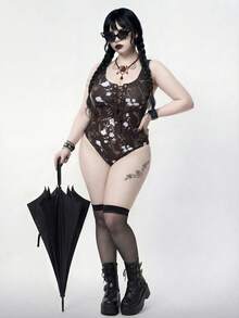 ROMWE Plus Size Women Gothic Rose One-Piece Swimsuit White Summer Goth Night Out Club Beach Wedding Guest Bondage Strap Bust Lift Waist Cinching Punk - Black - View 5
