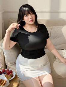 CovetEZ Áo thun đen cạp chun co giãn cỡ lớn, tôn vòng eo - màu đen - Xem 1