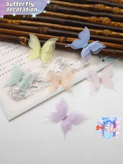 SHEIN 10 件渐变色 3D 多色欧根纱面料蝴蝶贴花半透明雪纺蝴蝶适用于 DIY 缝纫手工工艺装饰夹耳环珠宝装饰刺绣补丁服装设计材料礼服配饰薄纱蝴蝶装饰贴花新娘头发头饰材料